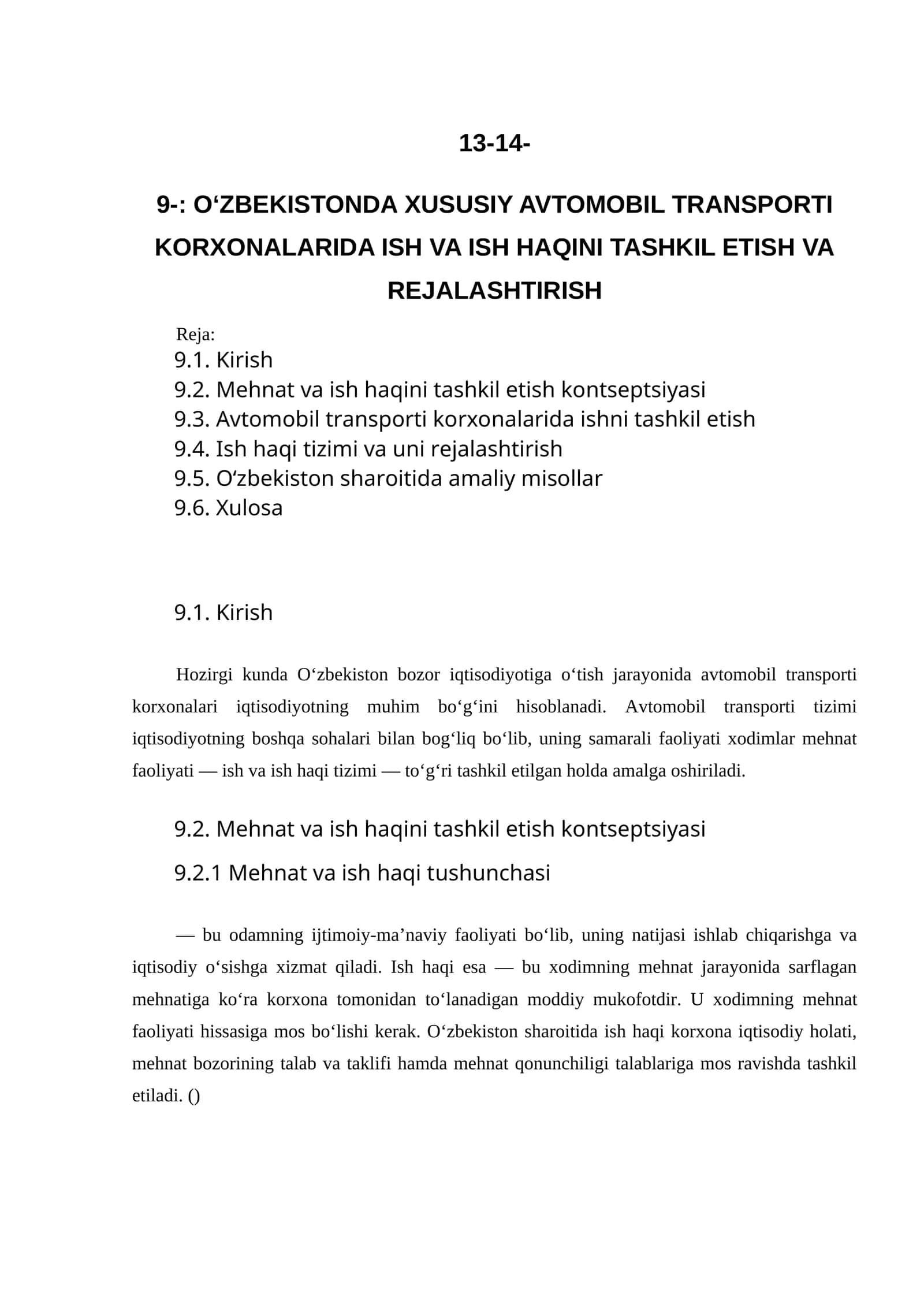 O‘ZBEKISTONDA XUSUSIY AVTOMOBIL TRANSPORTI KORXONALARIDA ISH VA ISH HAQINI TASHKIL ETISH VA REJALASHTIRISH 1