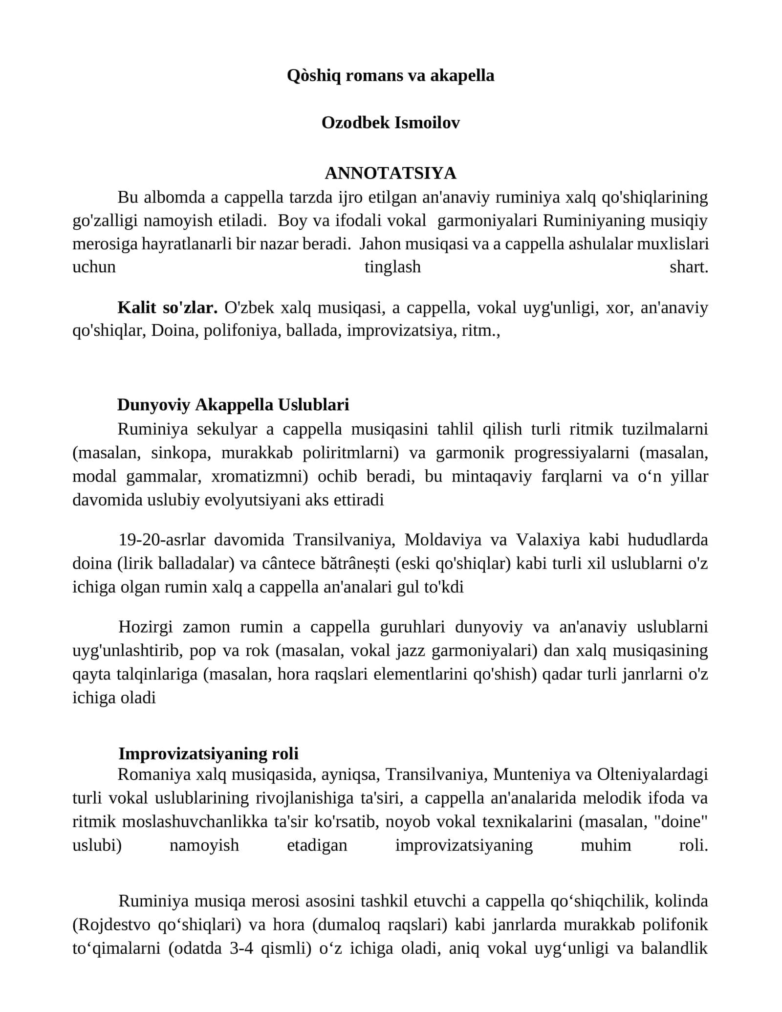 Qòshiq romans va akapella 1