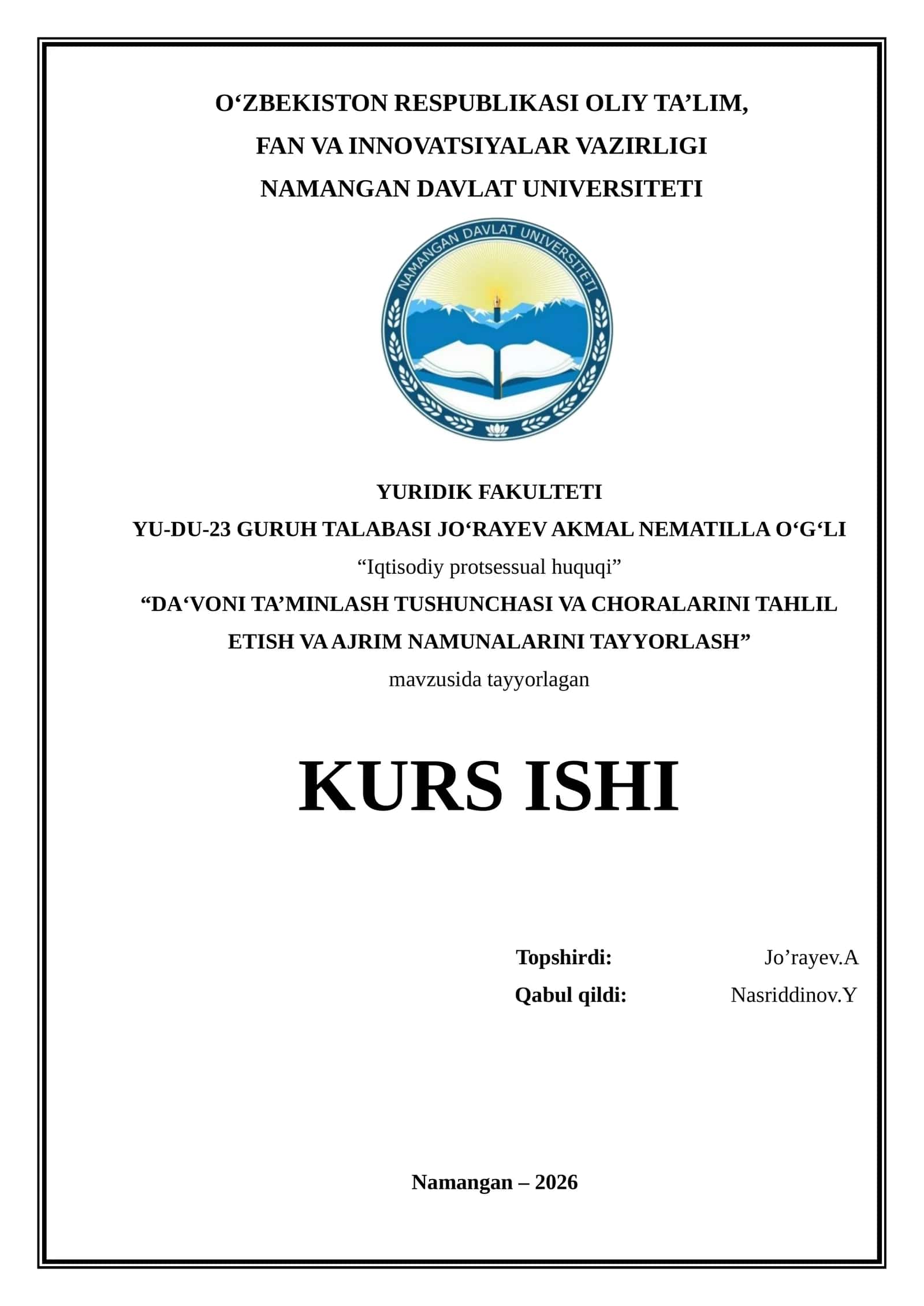 DA’VONI TA’MINLASH TUSHUNCHASI VA CHORALARINI TAHLIL ETISH VA AJRIM NAMUNALARINI TAYYORLASH 1