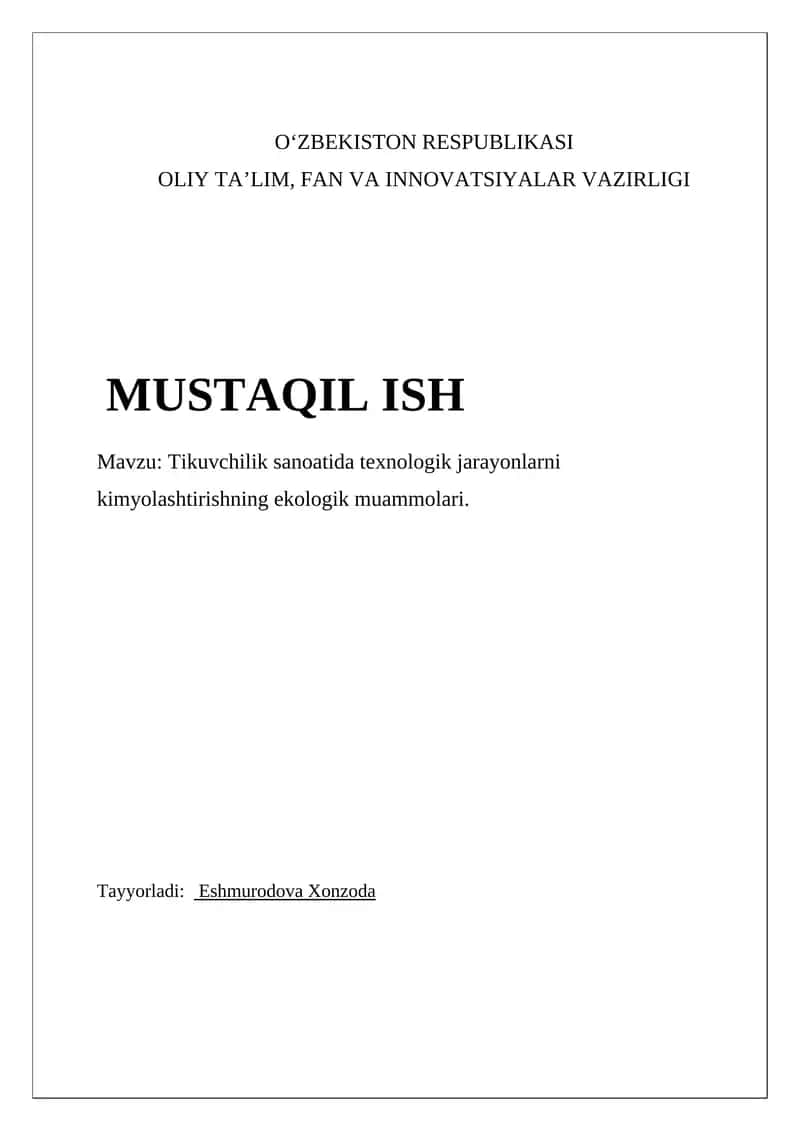 Tikuvchilik sanoatida texnologik jarayonlarni kimyoviy usulda amalga oshirishning ekologik muammolari 1
