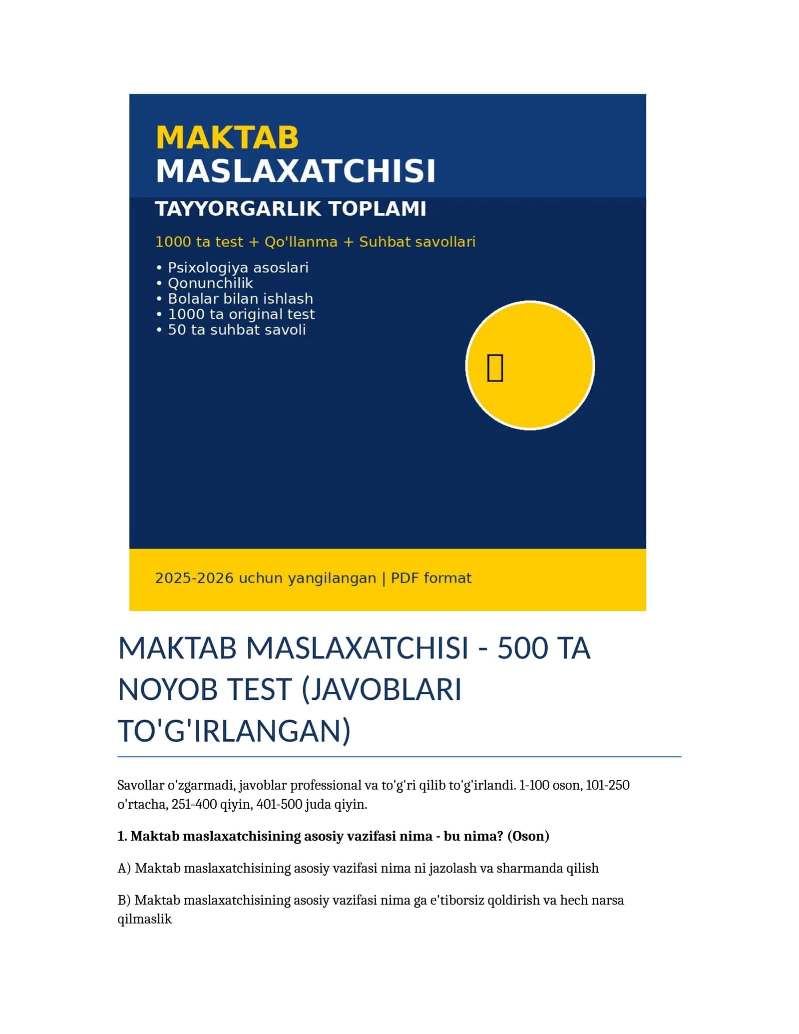 Maktab Maslaxatchisi 500 ta SAVOL 1