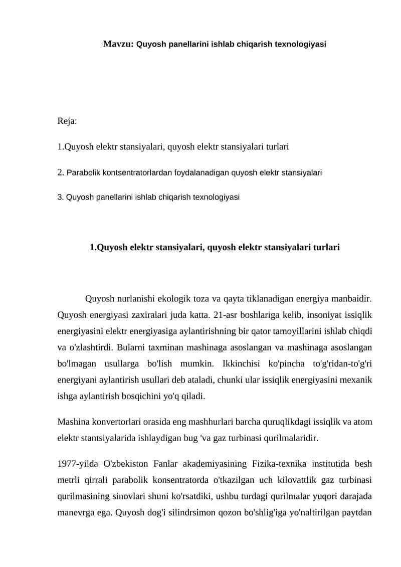 Quyosh panellarini ishlab chiqarish texnologiyasi 1