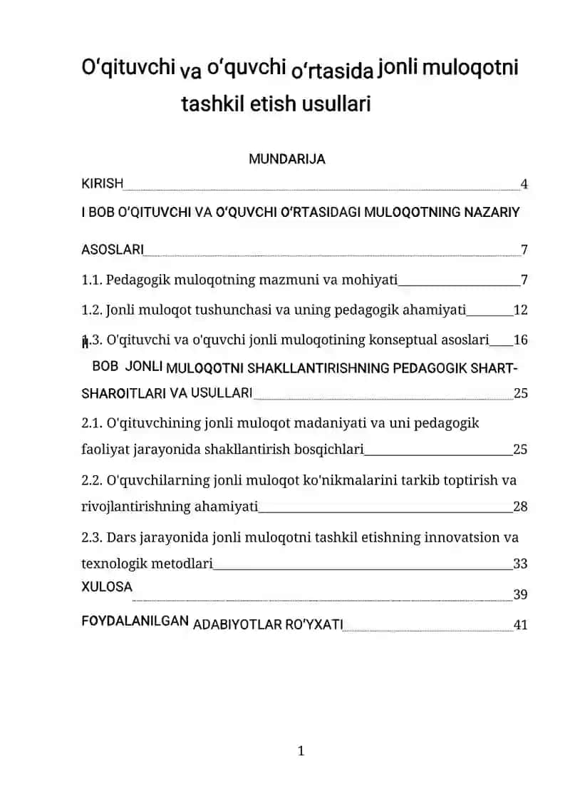 O'qituvchi va o'quvchi o'rtasida jonli muloqotni tashkil etish usullari 1