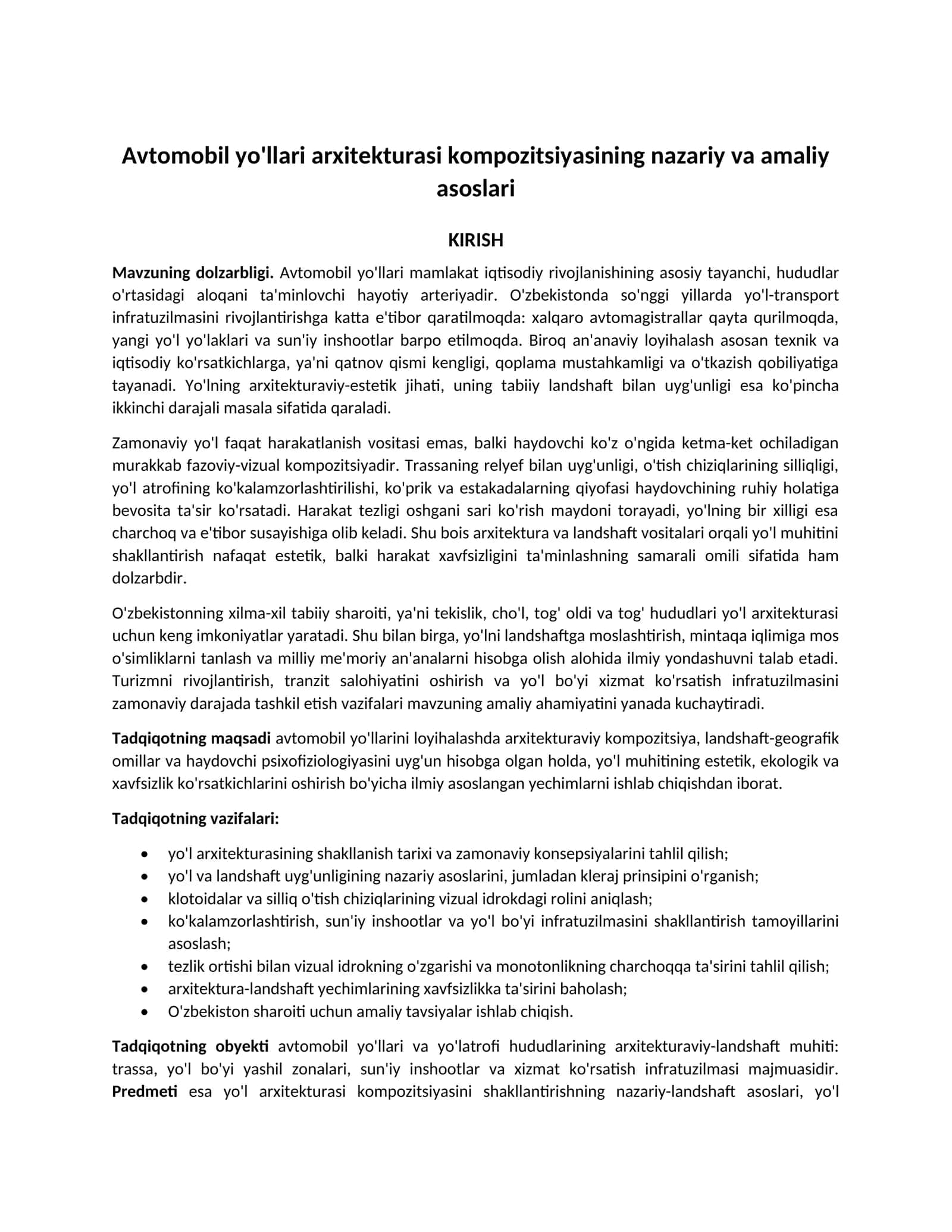Avtomobil yo'llari arxitekturasi kompozitsiyasining nazariy va amaliy asoslari 1