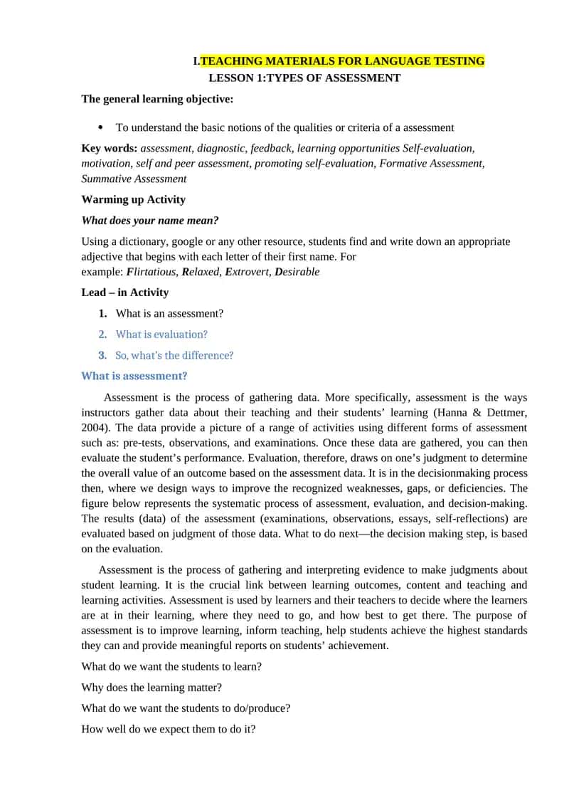 TEACHING MATERIALS FOR LANGUAGE TESTING LESSON 1:TYPES OF ASSESSMENT 1
