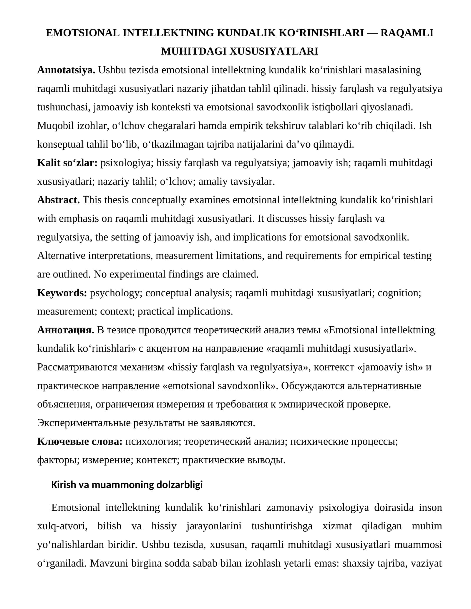 EMOTSIONAL INTELLEKTNING KUNDALIK KO‘RINISHLARI — RAQAMLI MUHITDAGI XUSUSIYATLARI 1