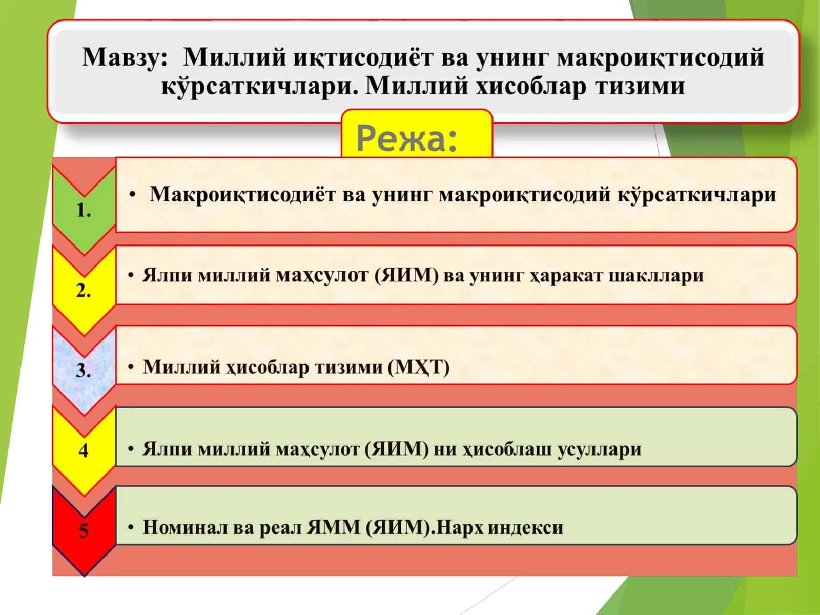 Миллий иқтисодиёт ва унинг макроиқтисодий кўрсаткичлари. Миллий хисоблар тизими 1