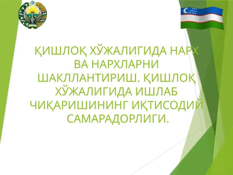 ҚИШЛОҚ ХЎЖАЛИГИДА НАРХ ВА НАРХЛАРНИ ШАКЛЛАНТИРИШ. ҚИШЛОҚ ХЎЖАЛИГИДА ИШЛАБ ЧИҚАРИШИНИНГ ИҚТИСОДИЙ  САМАРАДОРЛИГИ. 1