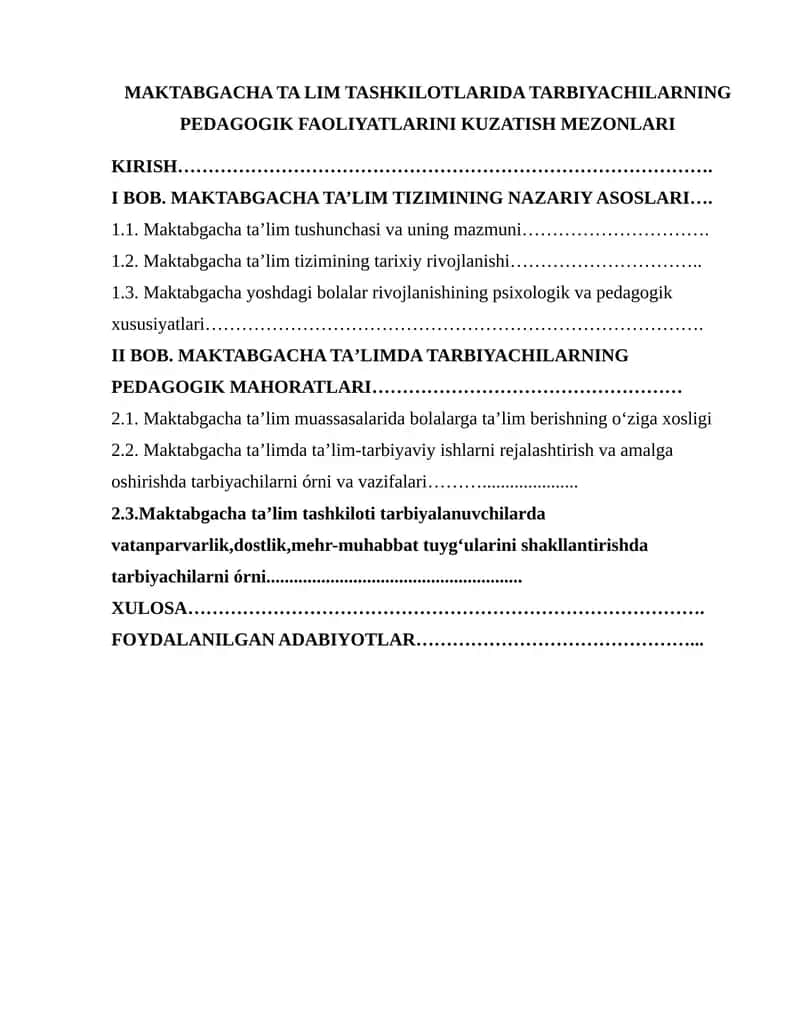 MAKTABGACHA TA LIM TASHKILOTLARIDA TARBIYACHILARNING PEDAGOGIK FAOLIYATLARINI KUZATISH MEZONLARI 1