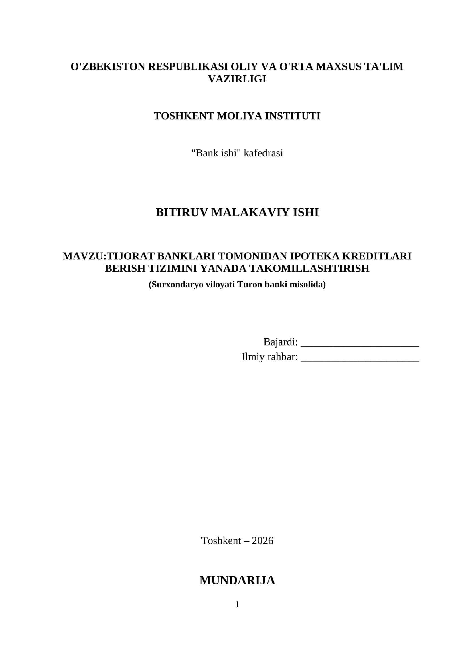 IPOTEKA KREDITLARI BERISH TIZIMINI YANADA TAKOMILLASHTIRISH.BMI 1