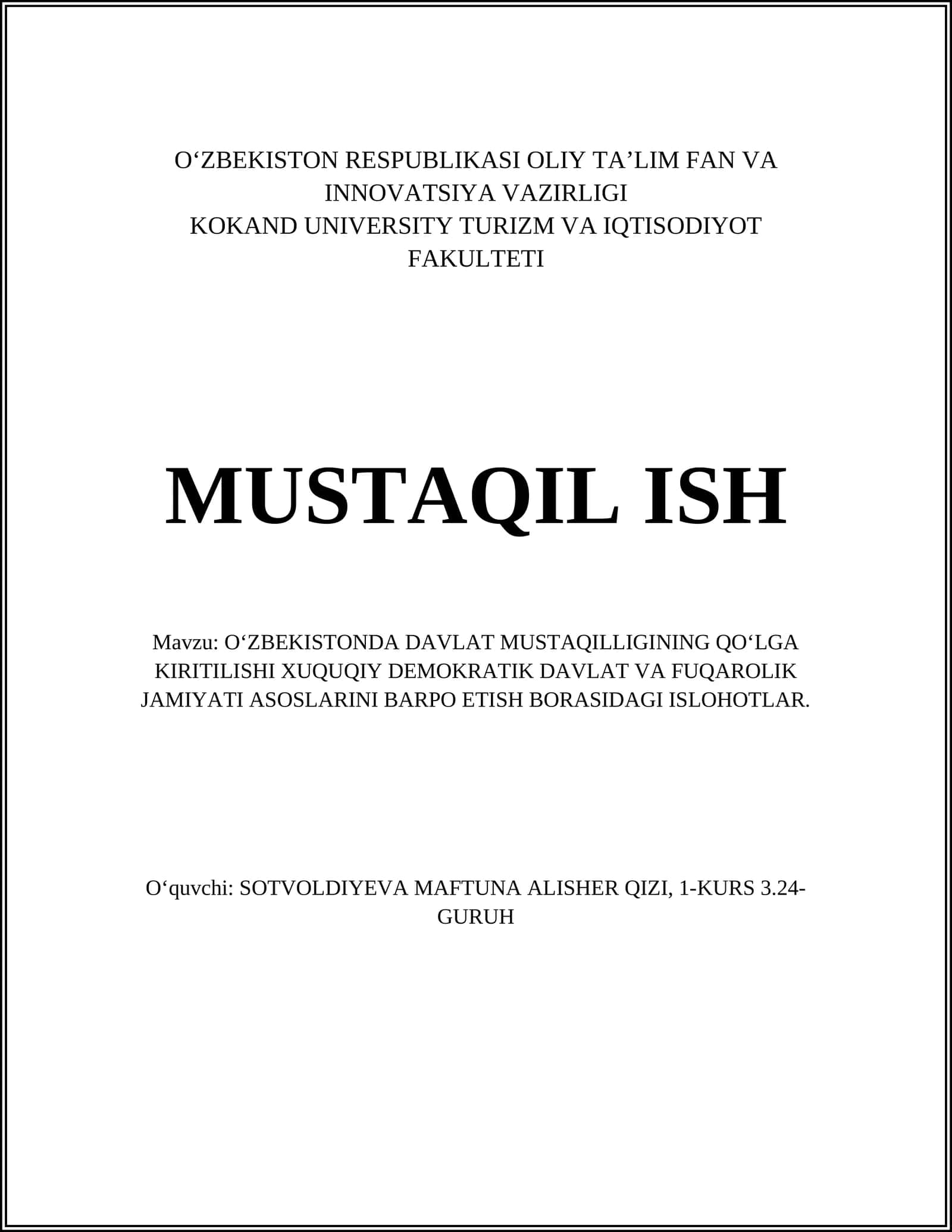 O‘ZBEKISTONDA DAVLAT MUSTAQILLIGINING QO‘LGA KIRITILISHI XUQUQIY DEMOKRATIK DAVLAT VA FUQAROLIK JAMIYATI ASOSLARINI BARPO ETISH BORASIDAGI ISLOHOTLAR 1