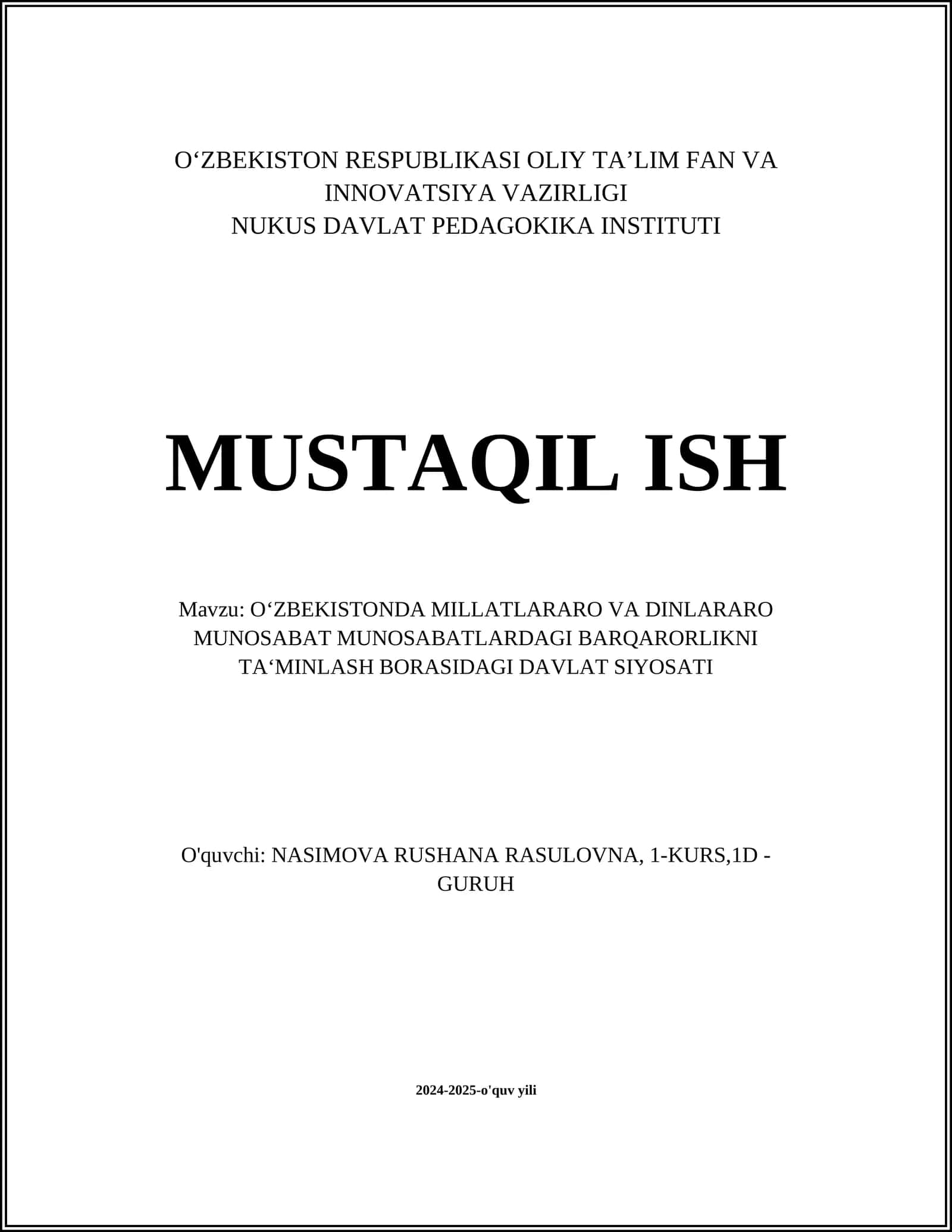 O‘ZBEKISTONDA MILLATLARARO VA DINLARARO MUNOSABAT MUNOSABATLARDAGI BARQARORLIKNI TA‘MINLASH BORASIDAGI DAVLAT SIYOSATI 1