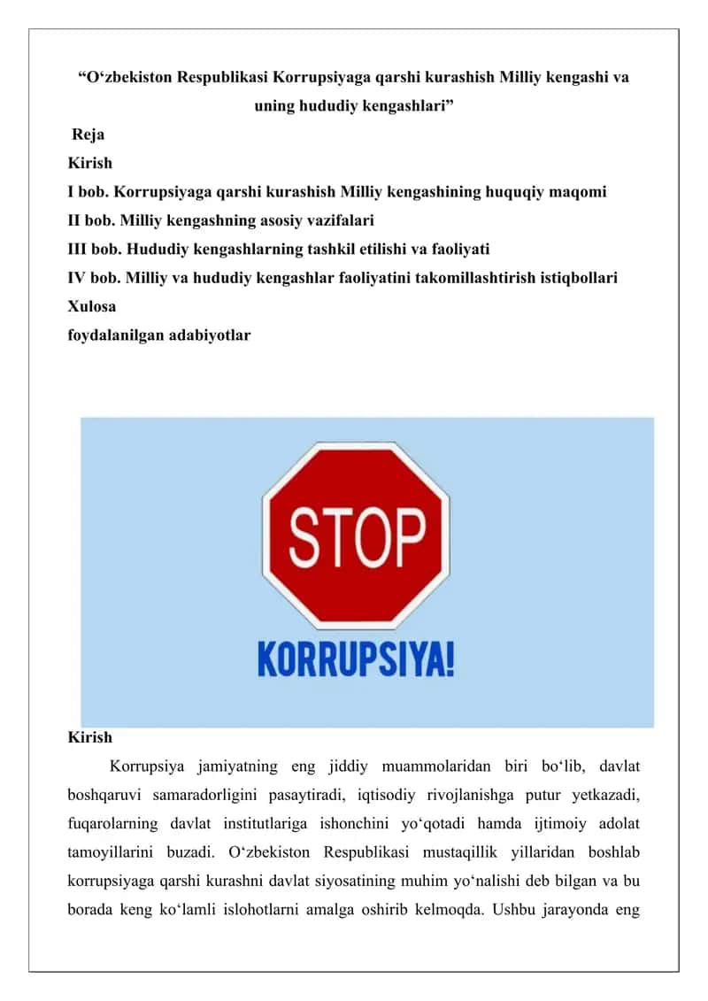 Korrupsiyaga qarshi kurashish Milliy kengashi va uning hududiy kengashlari 1