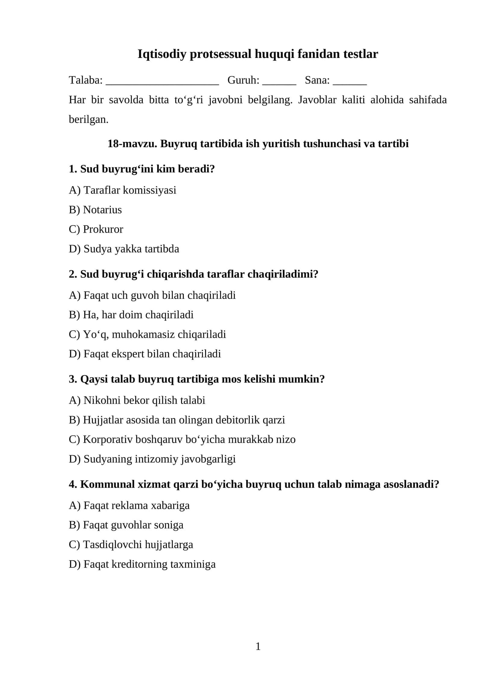 Buyruq tartibida ish yuritish tushunchasi va tartibi TEST 1