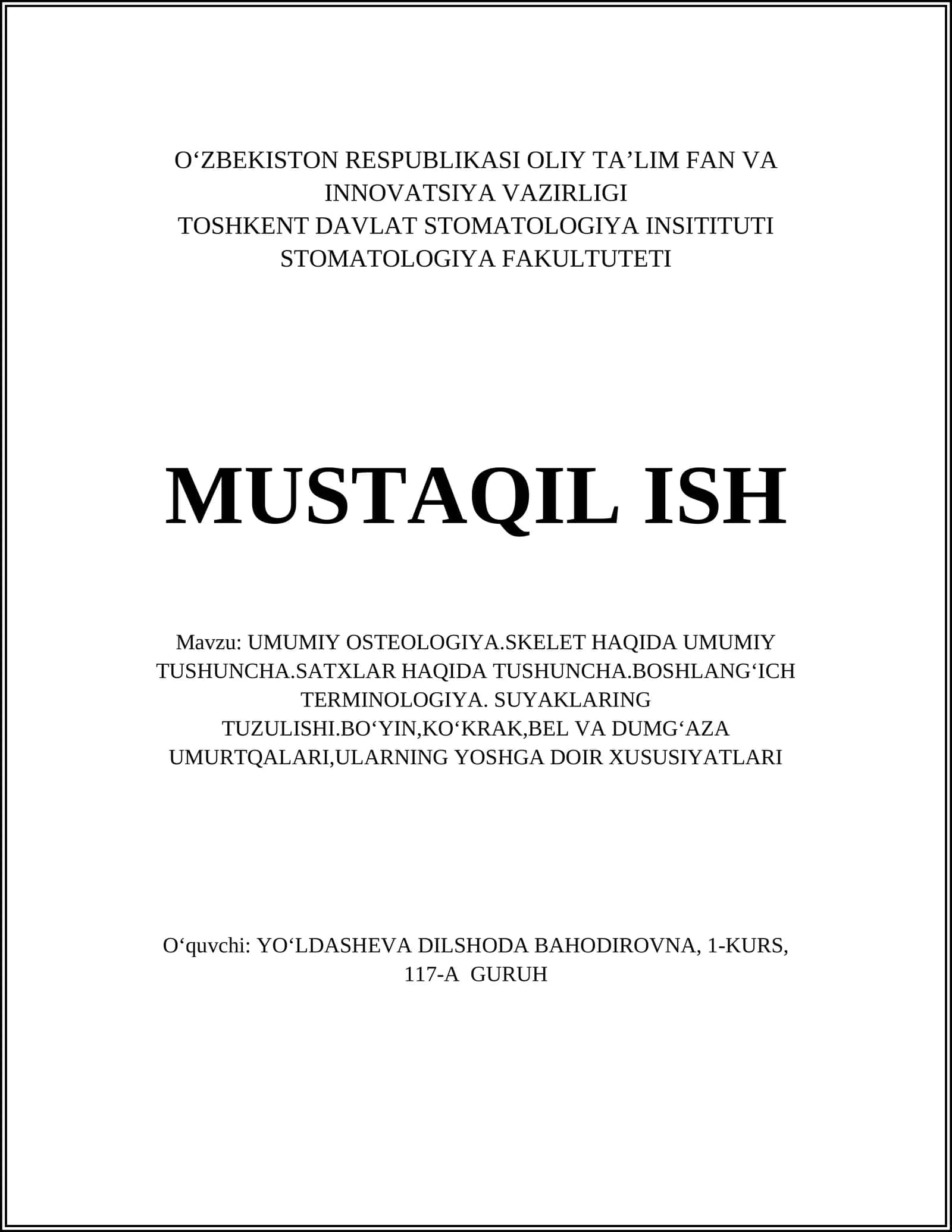 UMUMIY OSTEOLOGIYA.SKELET HAQIDA UMUMIY TUSHUNCHA 1