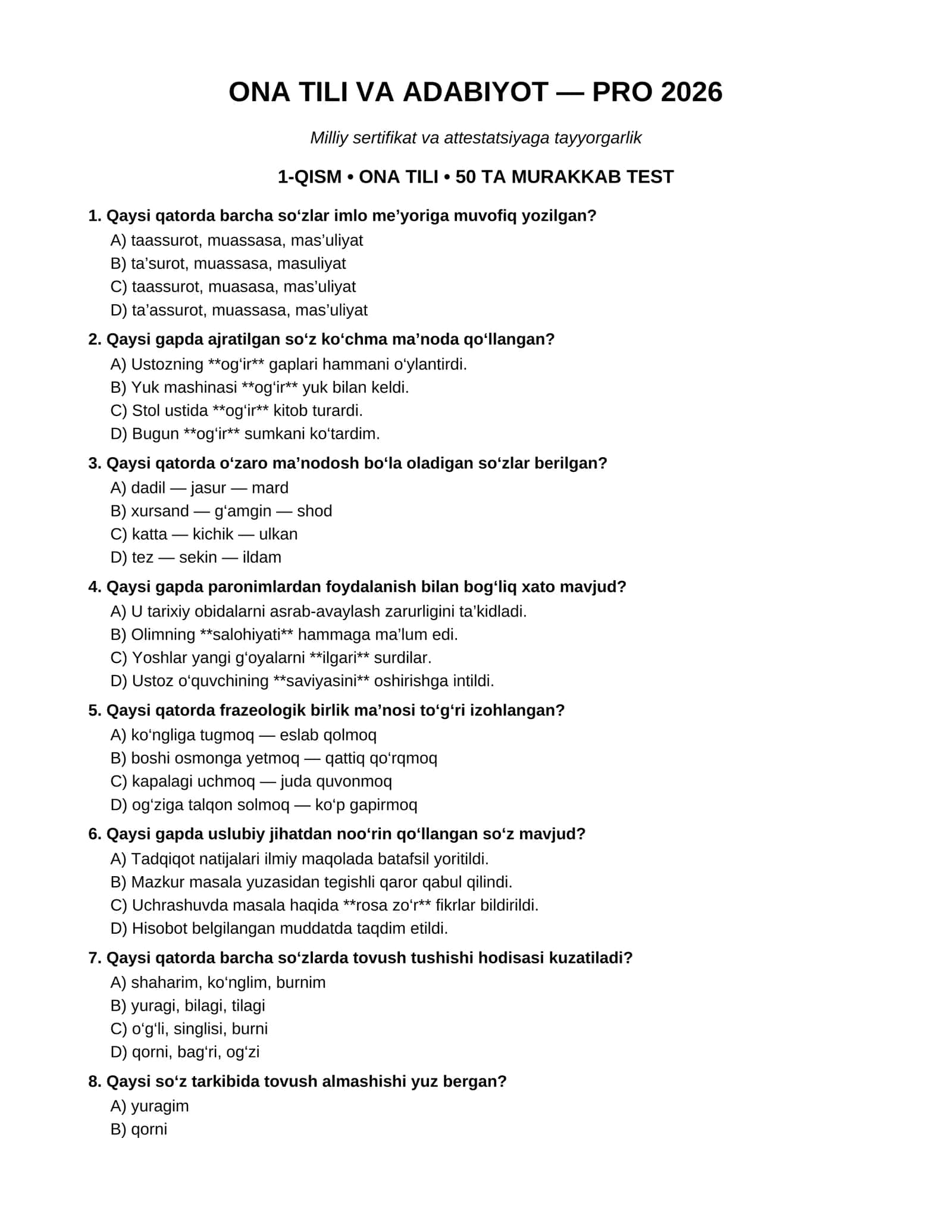 Ona tili — PRO 2026 | Milliy sertifikat va attestatsiyaga tayyorgarlik uchun 50 ta murakkab test 1
