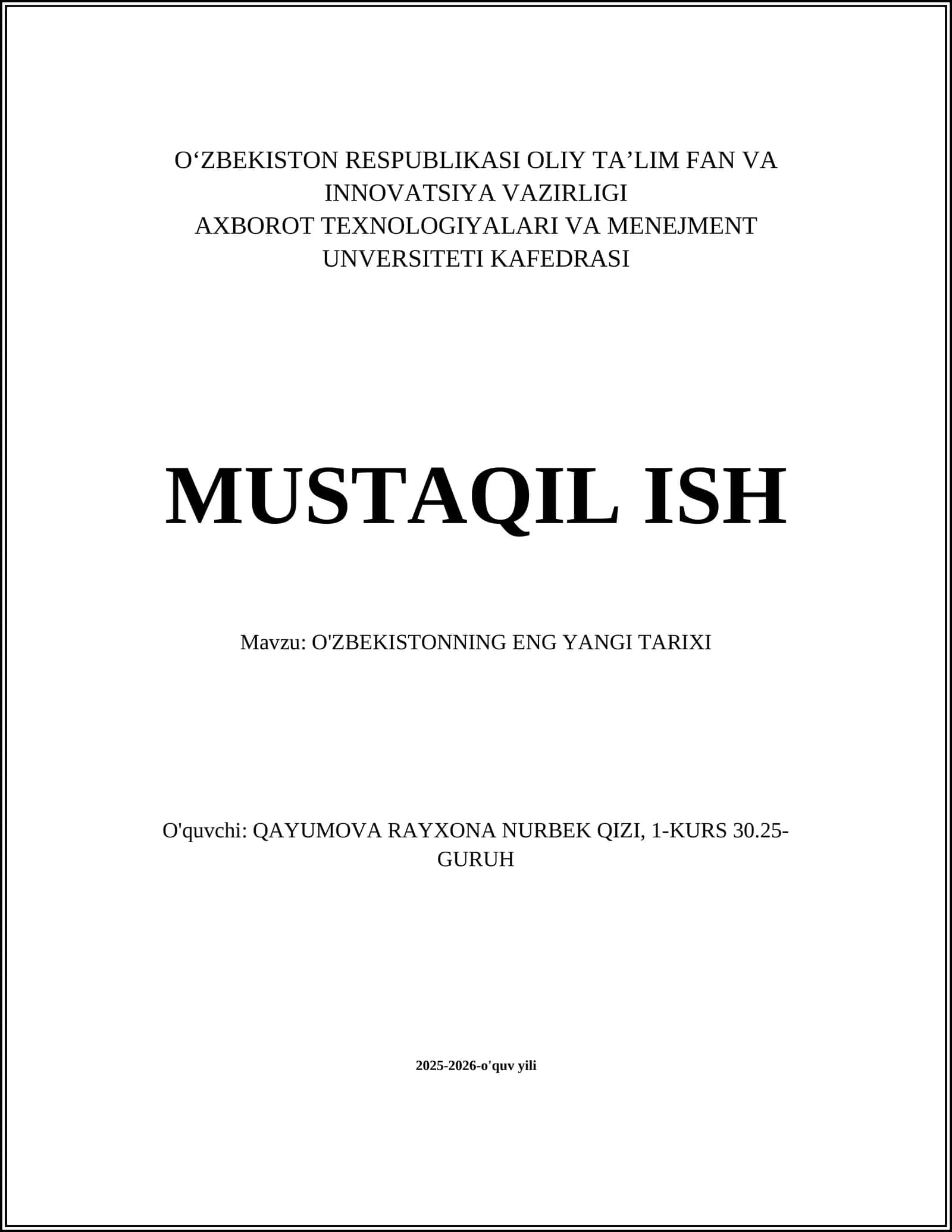 O'ZBEKISTONNING ENG YANGI TARIXI 1