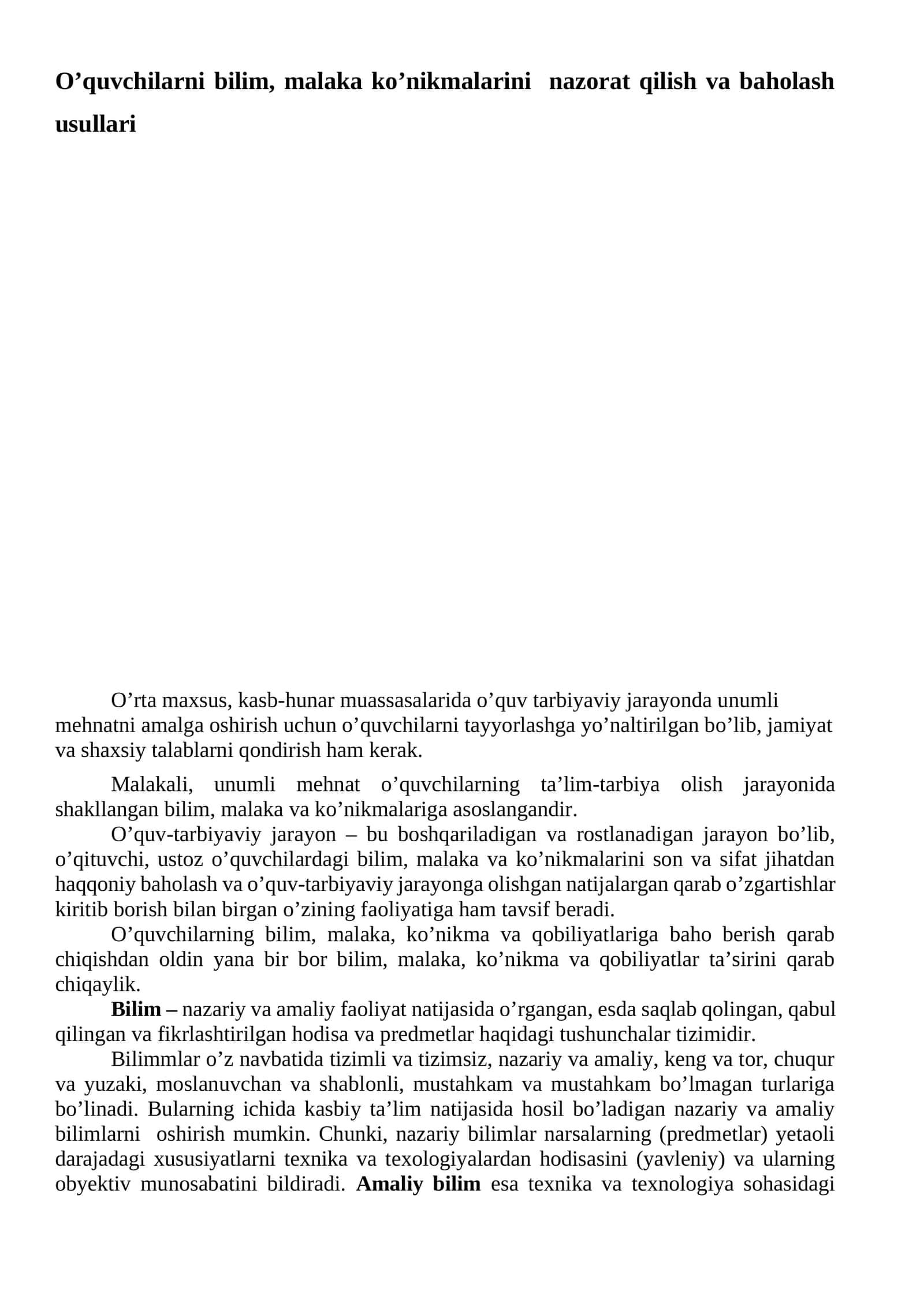O’quvchilarni bilim, malaka ko’nikmalarini nazorat qilish va baholash usullari 1