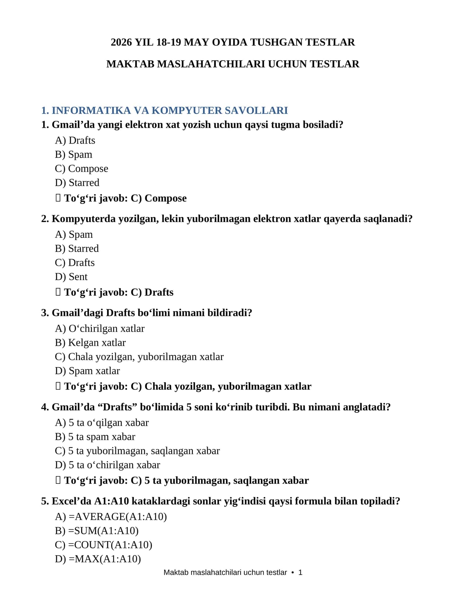 MAKTAB MASLAHATCHISI LAVOZIMI UCHUN  18-19 MAY 2026 YILDA TUSHGAN TESTLAR JAVOBLARI BILAN 1