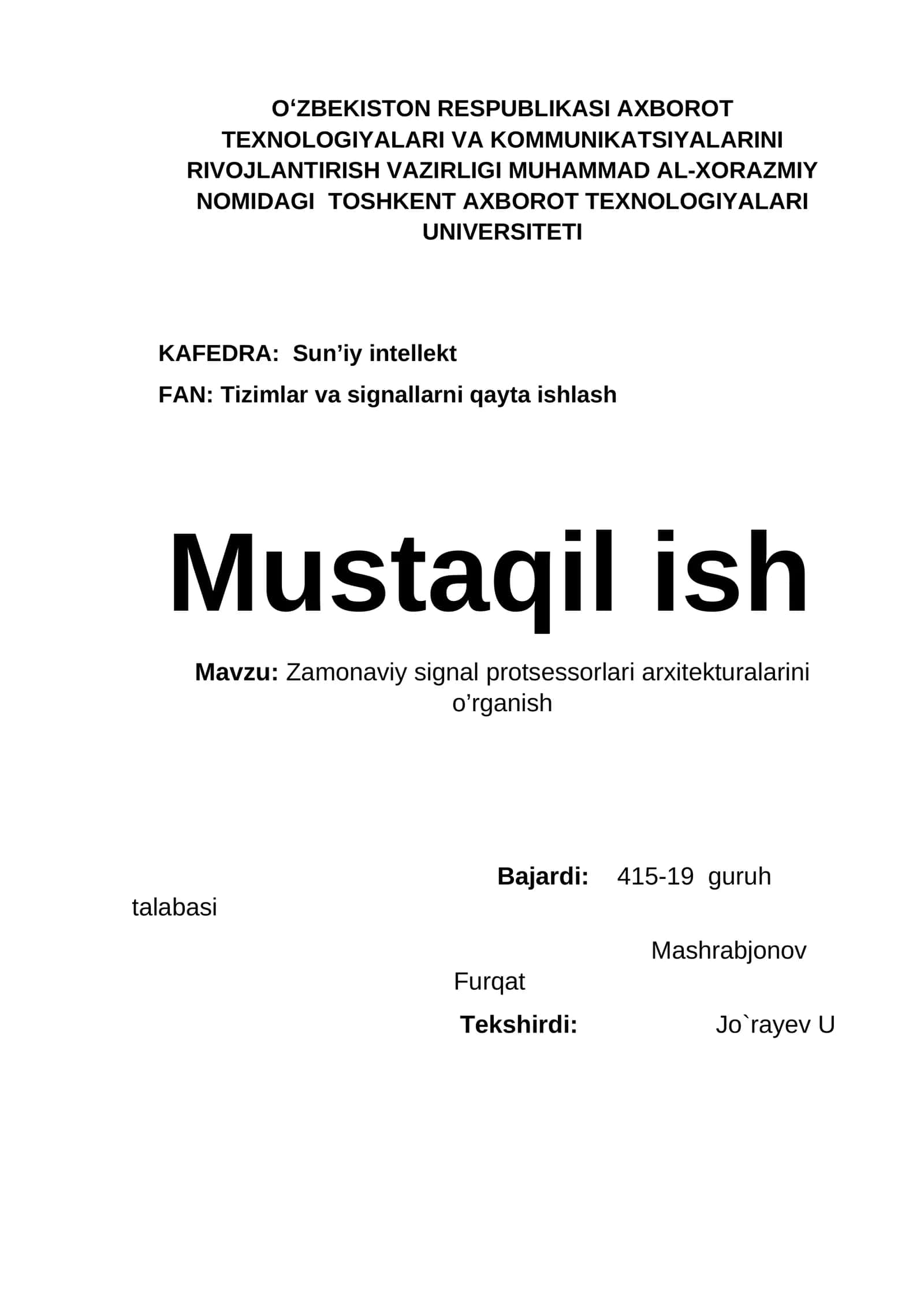 Zamonaviy signal protsessorlari arxitekturalarini o’rganish 1
