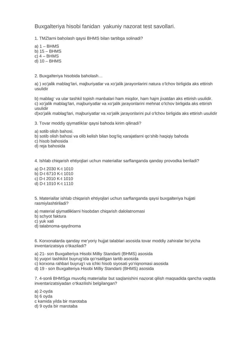 Buxgalteriya hisobi fanidan yakuniy nazorat test savollari. 1