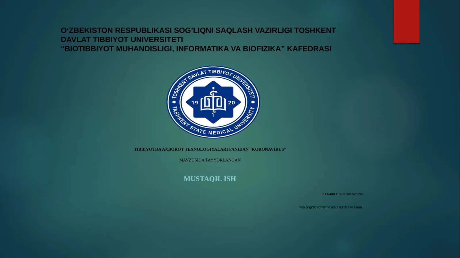 TIBBIYOTDA AXBOROT TEXNOLOGIYALARI FANIDAN“KORONAVIRUS” 1