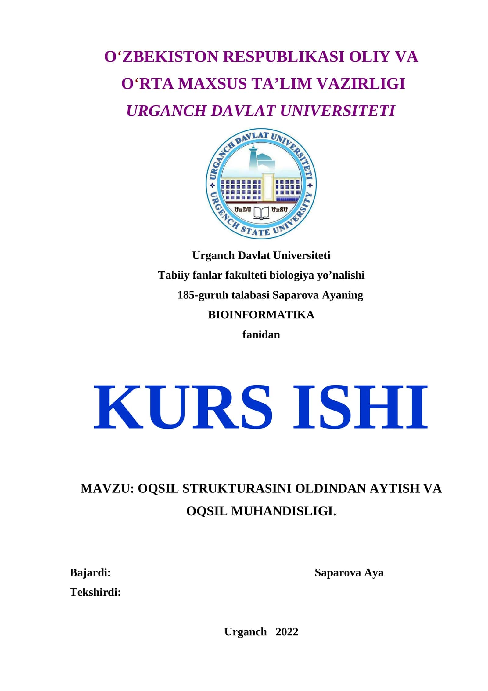BIOINFORMATIKA KURS ISHI 1