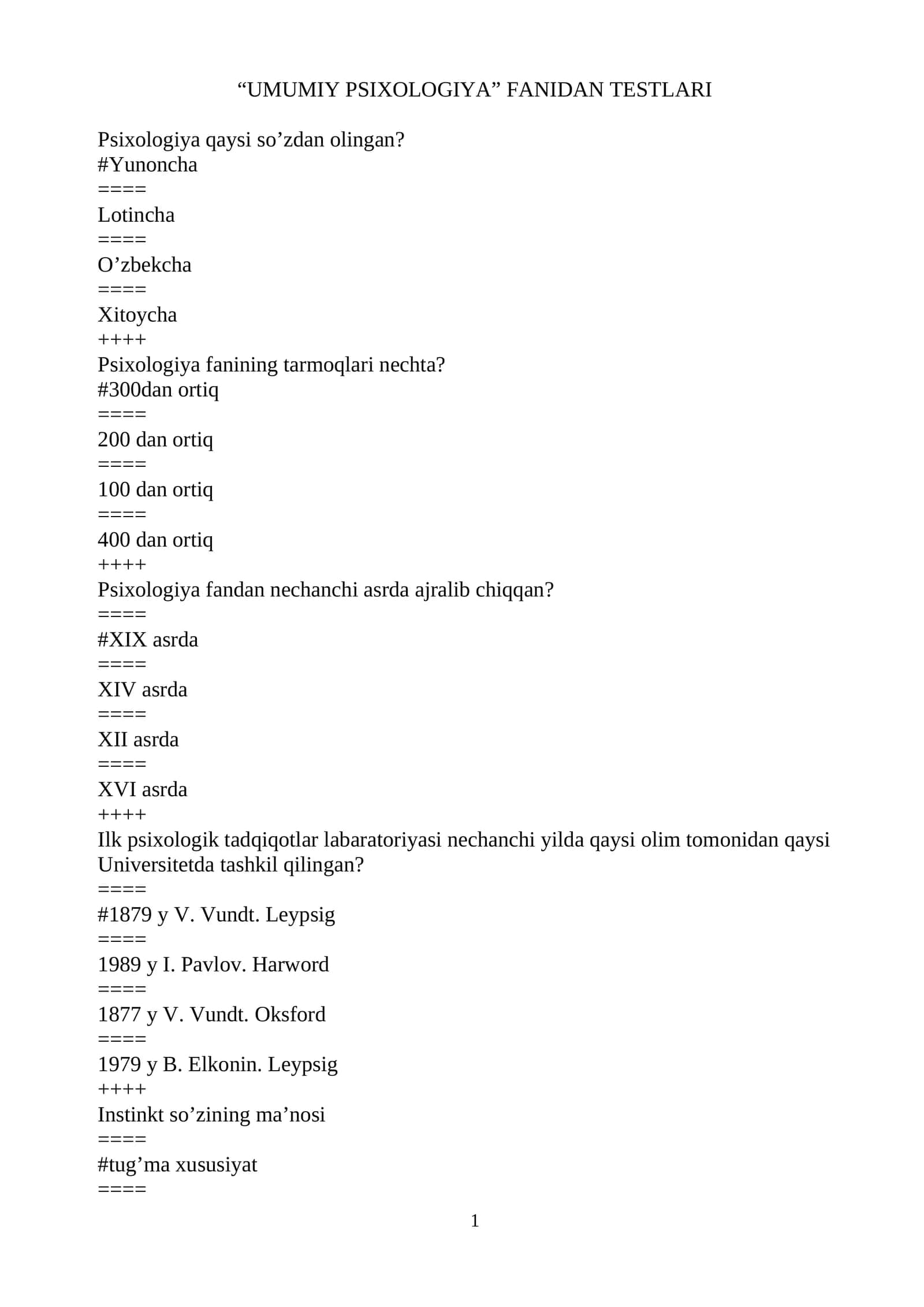 UMUMIY PSIXOLOGIYA FANIDAN TESTLARI 1