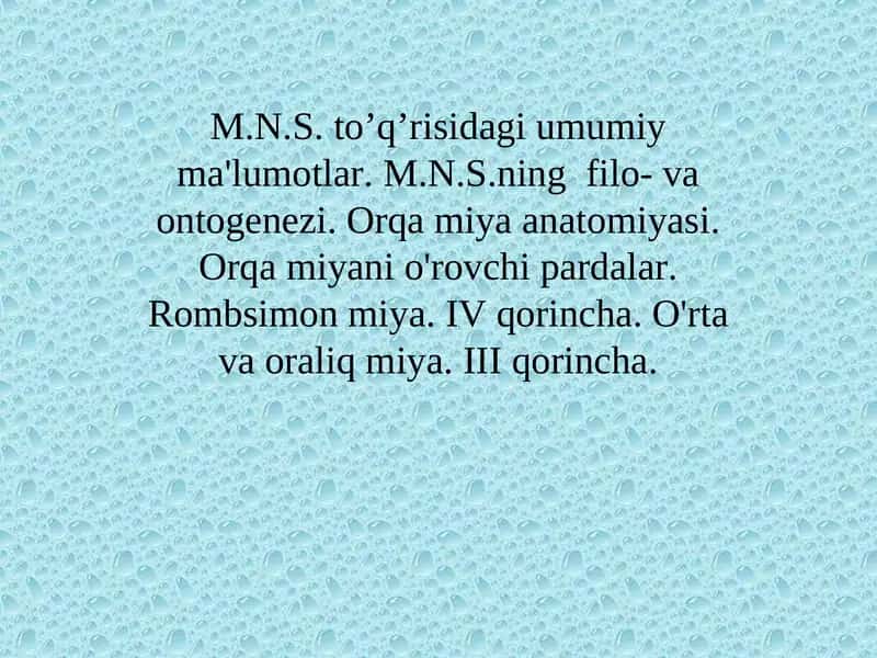 M.N.S. to’q’risidagi umumiy ma'lumotlar. M.N.S.ning  filo- va ontogenezi. Orqa miya anatomiyasi. Orqa miyani o'rovchi pardalar. Rombsimon miya. IV qorincha. O'rta va oraliq miya. III qorincha. 1