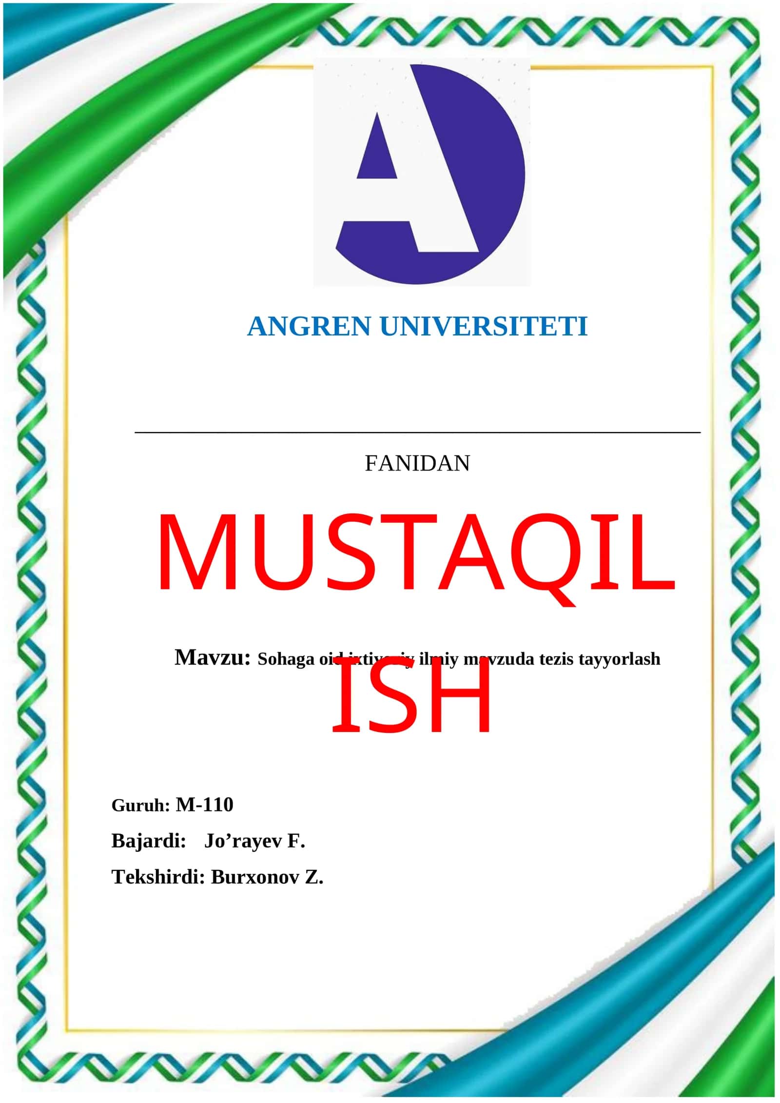 Sohaga oid ixtiyoriy ilmiy mavzuda tezis tayyorlash 1