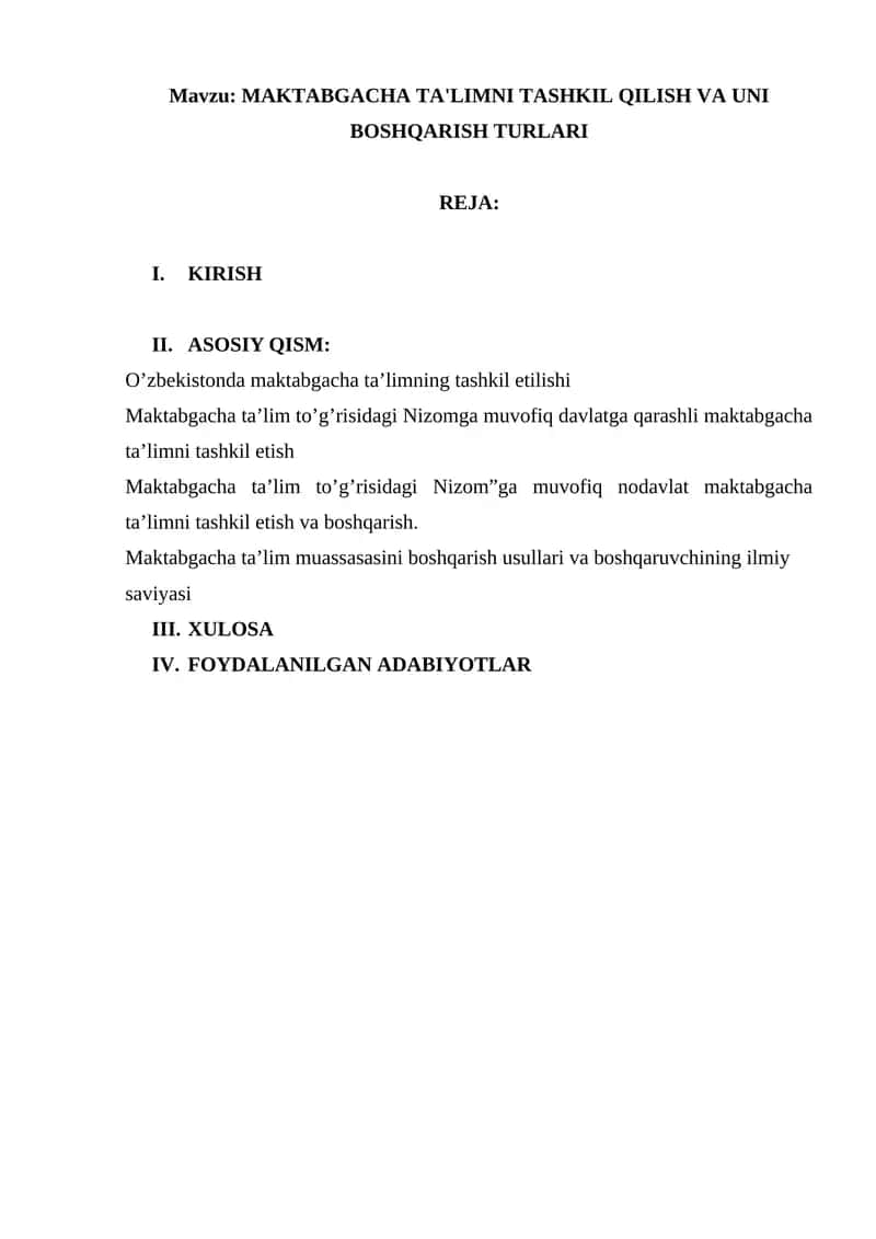 MAKTABGACHA TA'LIMNI TASHKIL QILISH VA UNI BOSHQARISH TURLARI 1