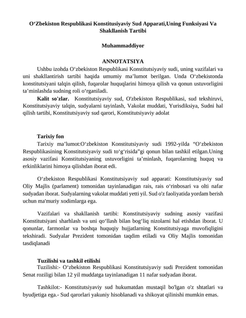 O‘zbekiston Respublikasi Konstitusiyaviy Sud Apparati,Uning Funksiyasi Va Shakllanish Tartibi 1