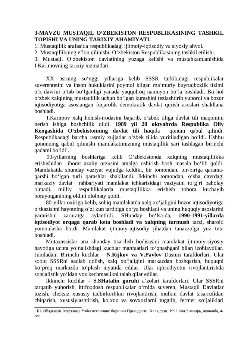 MUSTAQIL O‘ZBEKISTON RESPUBLIKASINING TASHKIL TOPISHI VA UNING TARIXIY AHAMIYATI 1