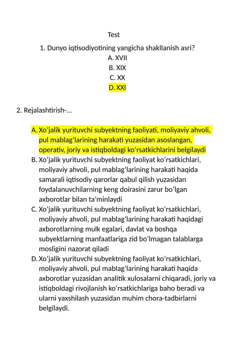 moliyaviy tahlil test javoblari 1