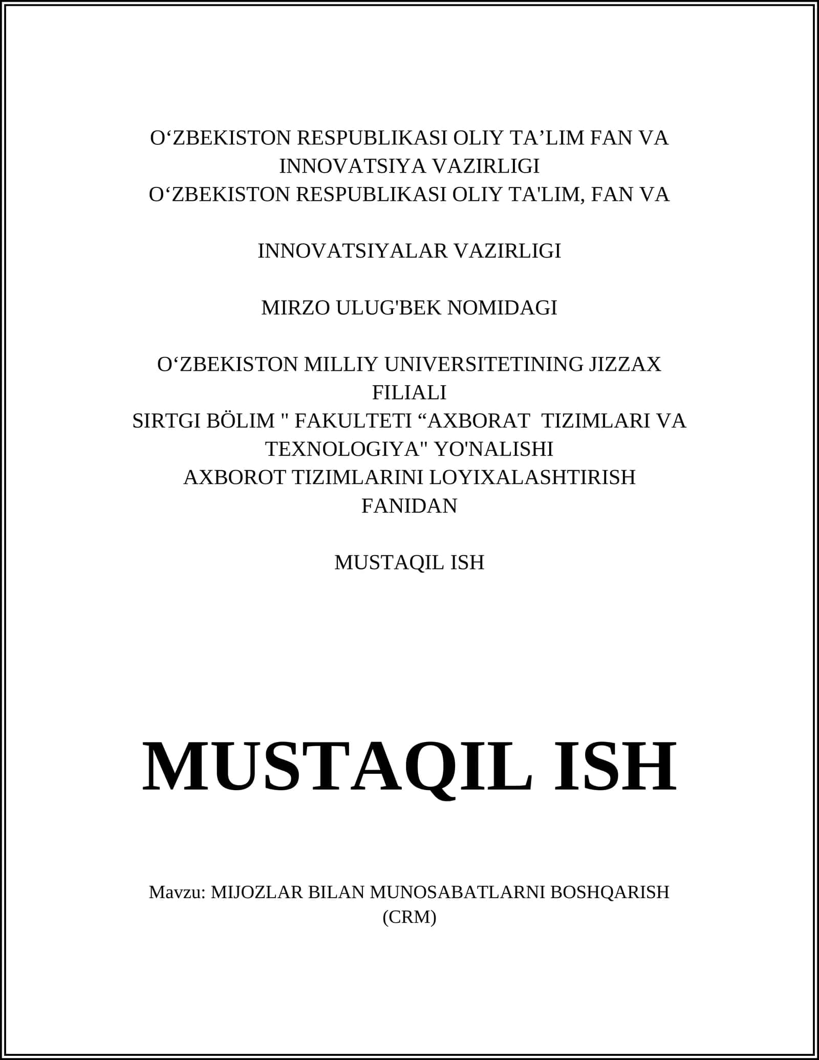 MIJOZLAR BILAN MUNOSABATLARNI BOSHQARISH (CRM) 1