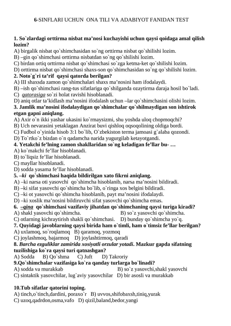 6-SINFLARI UCHUN ONA TILI VA ADABIYOT FANIDAN TEST 1