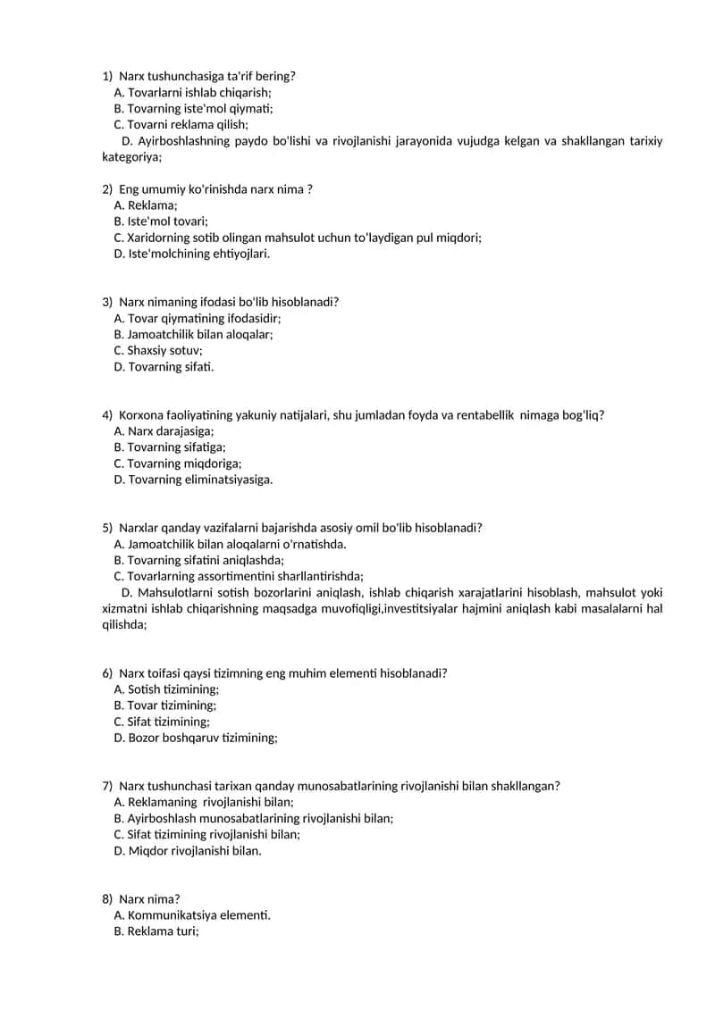 Narx tushunchasi test 1