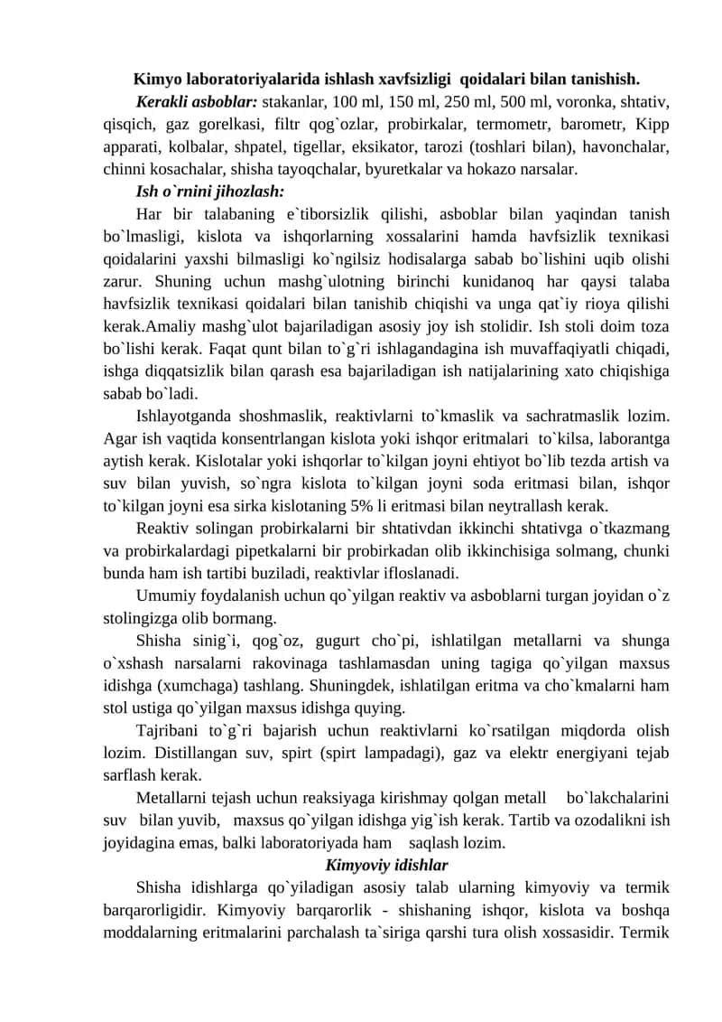 Kimyo laboratoriyalarida ishlash xavfsizligi qoidalari bilan tanishish 1