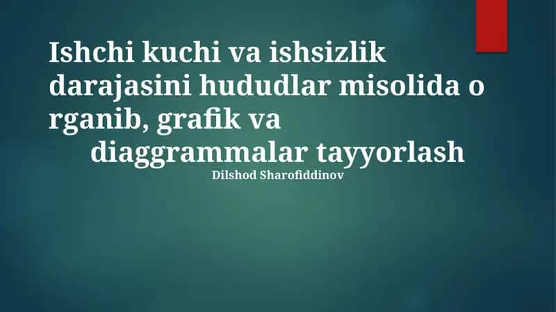 Hududiy (Shimoliy-Sharq, G'arbiy, Janubiy, Markaziy) bandlik va ishsizlik ko'rsatkichlarini (2010-2023) BLS ma'lumotlari asosida tahlil qilish, grafiklar yaratish, farqlarni aniqlash (masalan, Markaziy hududda ishlab chiqarishning pasayishi ishsizlikka ta'sirini), maqsadli kasb-hunar ta'limi dasturlari va infratuzilmaga investitsiyalarni (masalan, qishloq joylariga 5 milliard dollarlik keng polosali internet) taklif qilish 1
