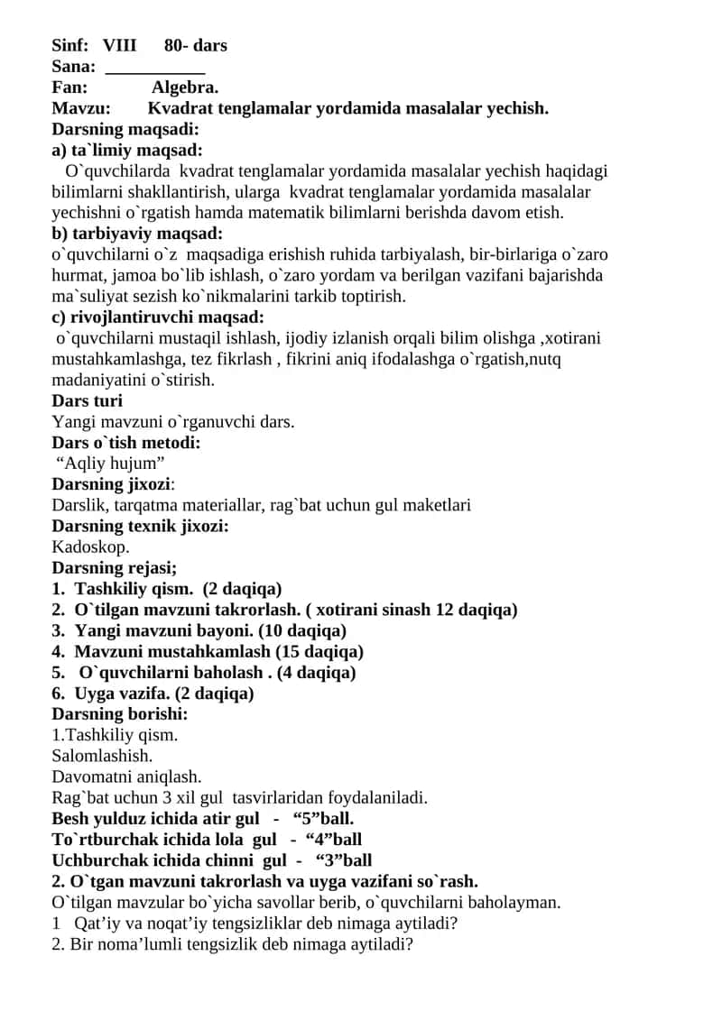 dars ishlanmalar 8-sinf 4-chorak algebra 1