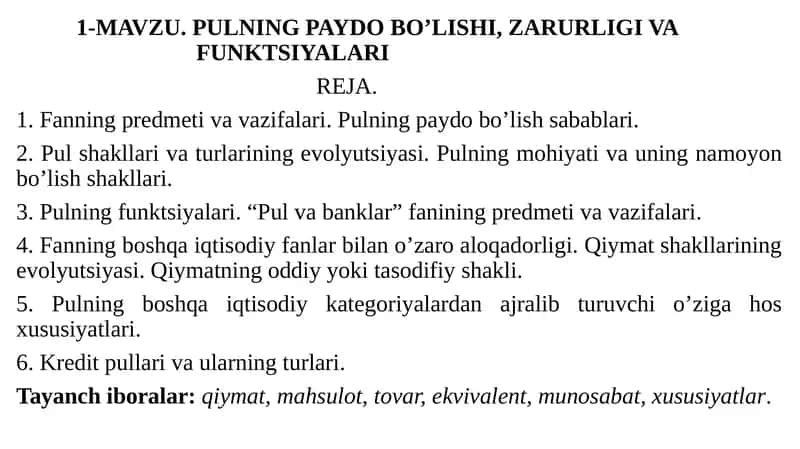 PULNING PAYDO BO’LISHI, ZARURLIGI VAFUNKTSIYALARI 1