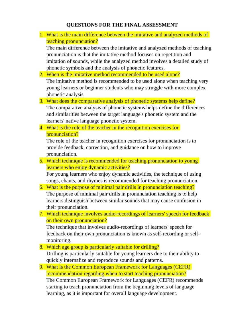 Questions for the Final Assessment 1