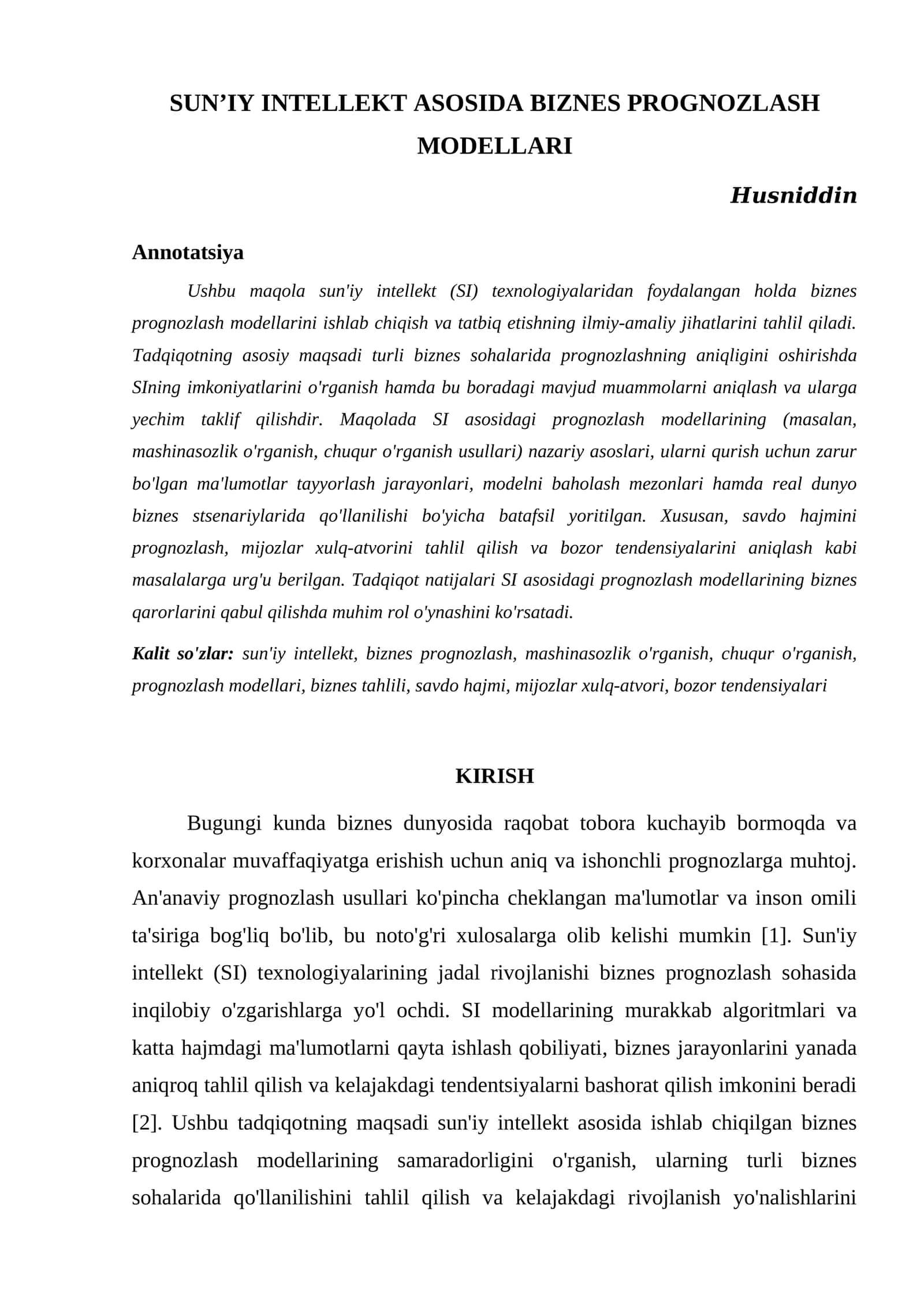 SUNʼIY INTELLEKT ASOSIDA BIZNES PROGNOZLASH MODELLARI 1