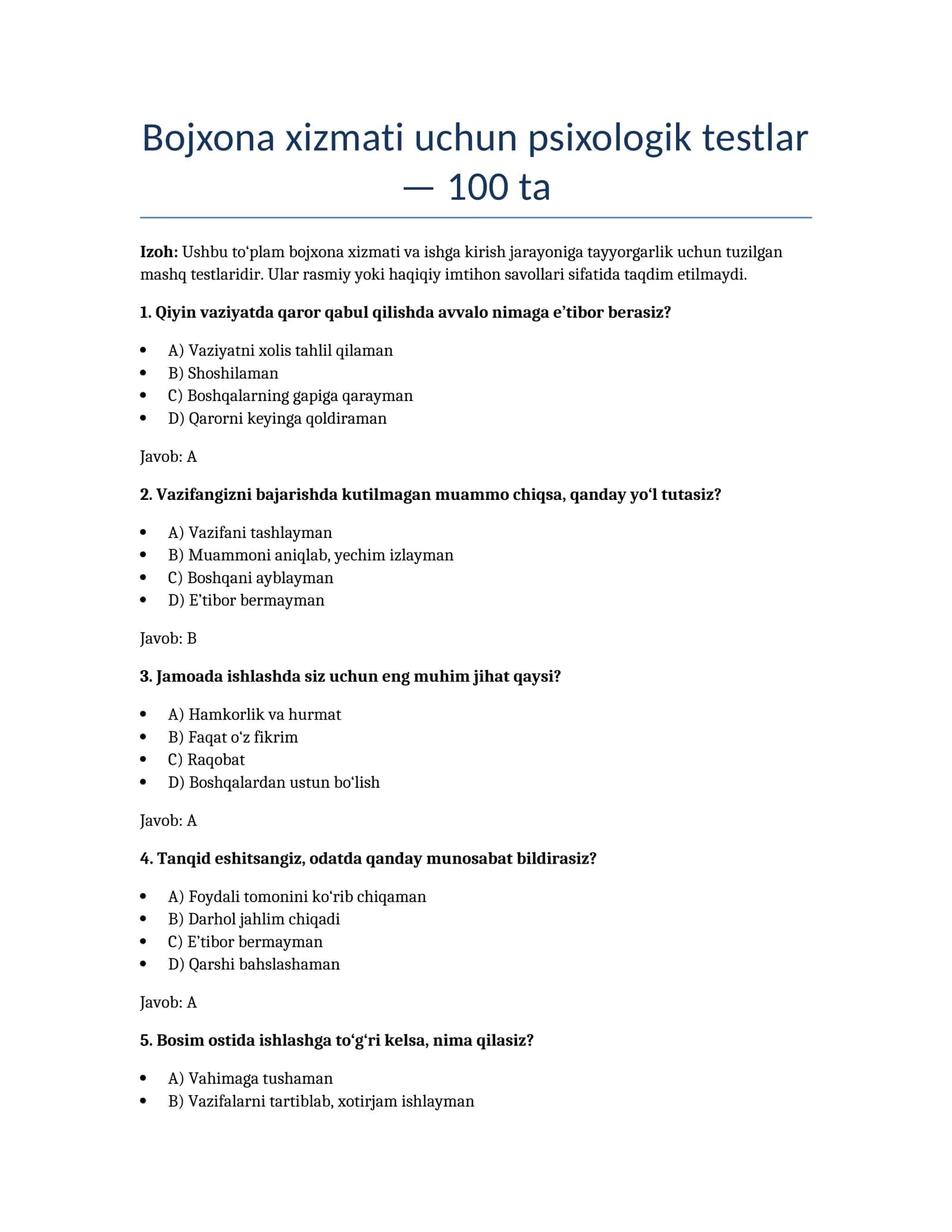 Bojxona xizmati uchun psixologik testlar 1