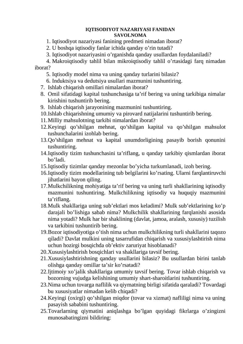IQTISODIYOT NAZARIYASI FANIDAN SAVOLNOMA 1