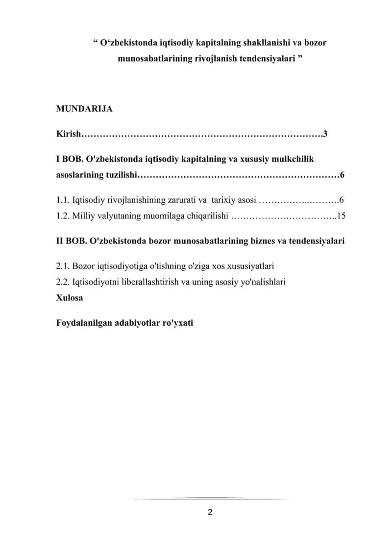 O'zbekistonda iqtisodiy kapitalning shakllanishi va bozor munosabatlarining rivojlanish tendensiyalari 1