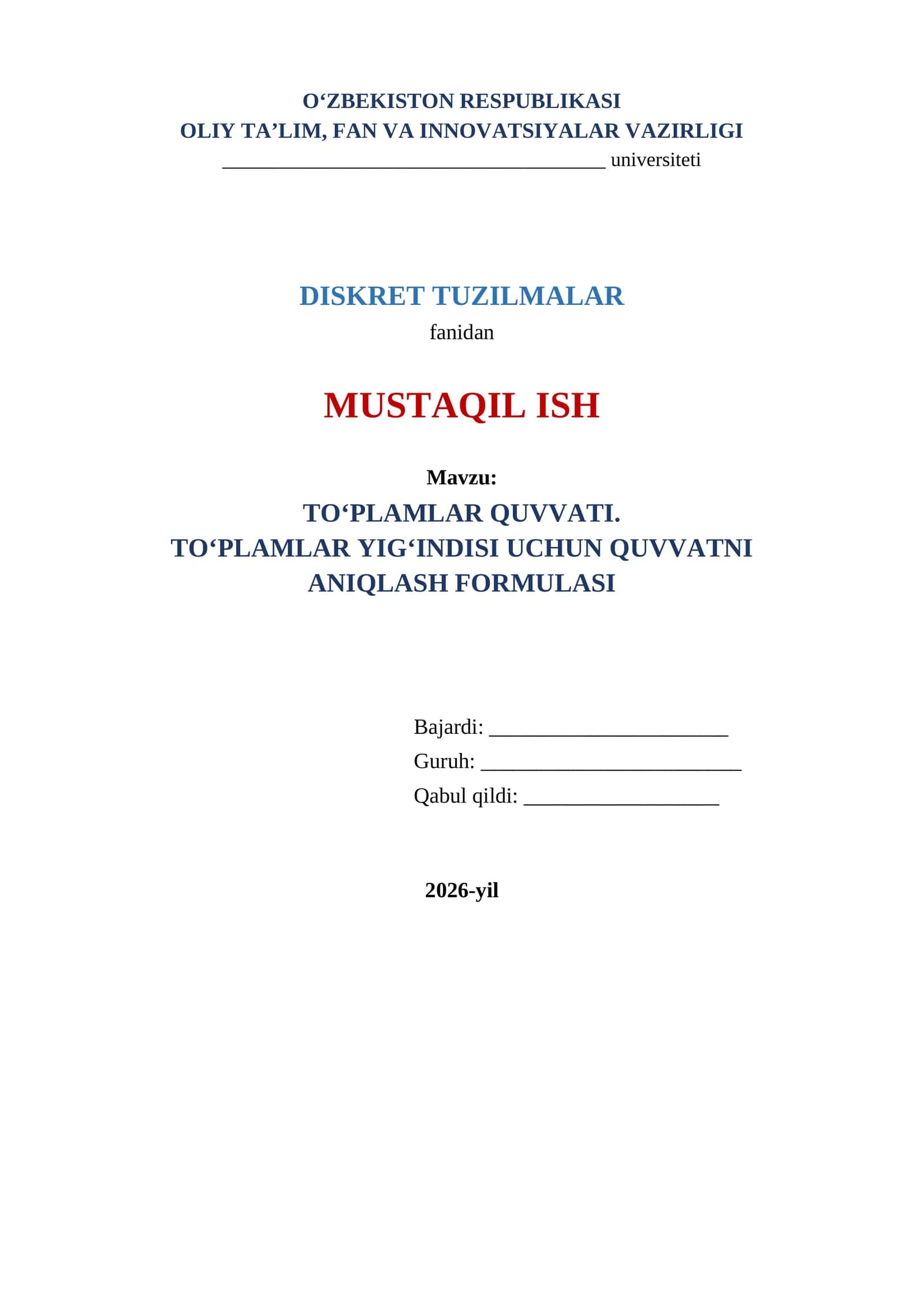 To‘plamlar quvvati. To‘plamlar yig’indisi uchun quvvatni aniqlash formulasi 1