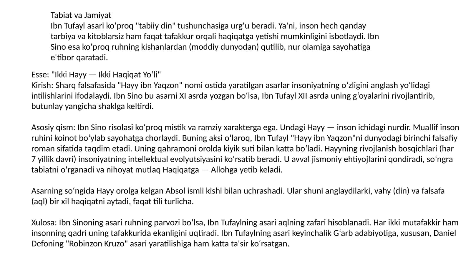 Ibn Tufayl asari "Tabiat va Jamiyat"da 1