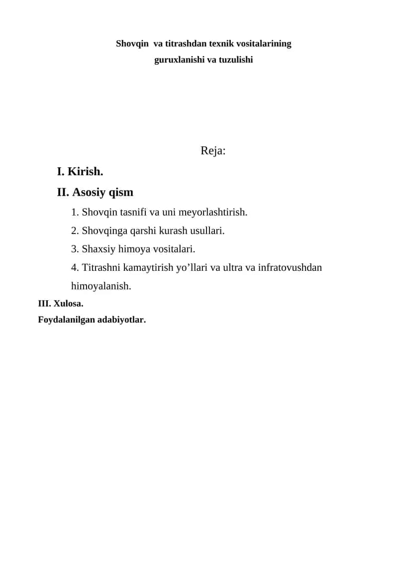 Shovqin va titrashdan texnik vositalarining guruxlanishi va tuzulishi 1