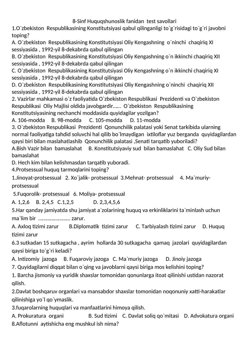 8-Sinf Huquqshunoslik fanidan test savollari 1